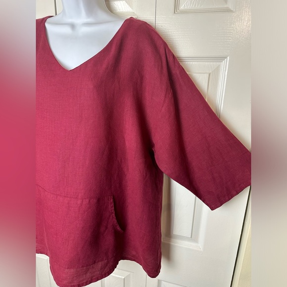 BRYN WALKER Judy Tunic Top Shirt Blouse 100% Linen Burgundy Kangaroo Pocket - Picture 6 of 14